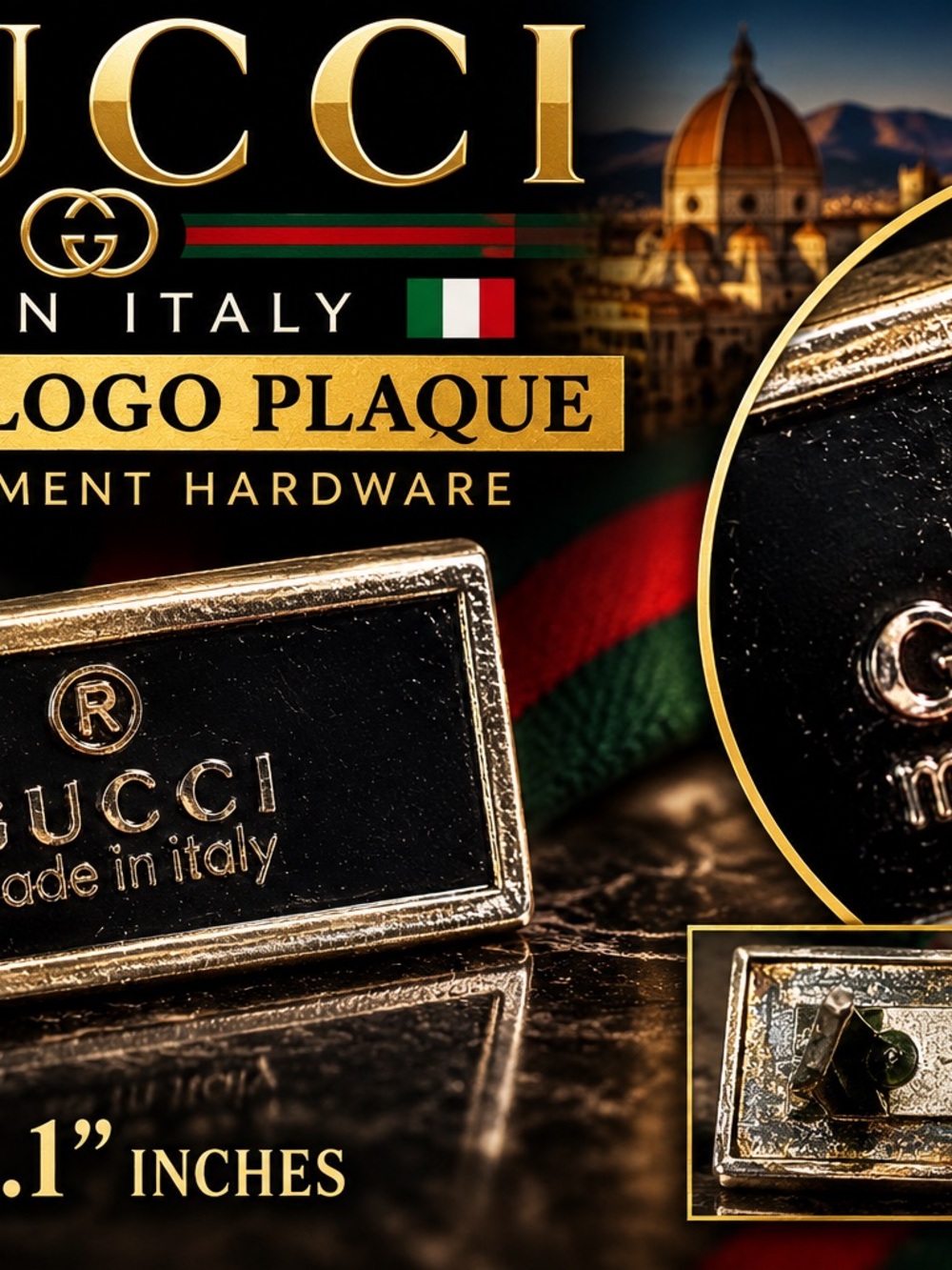 GUCCI Made in Italy Metal Logo Plaque Emblem Replacement Bag Hardware Vintage
